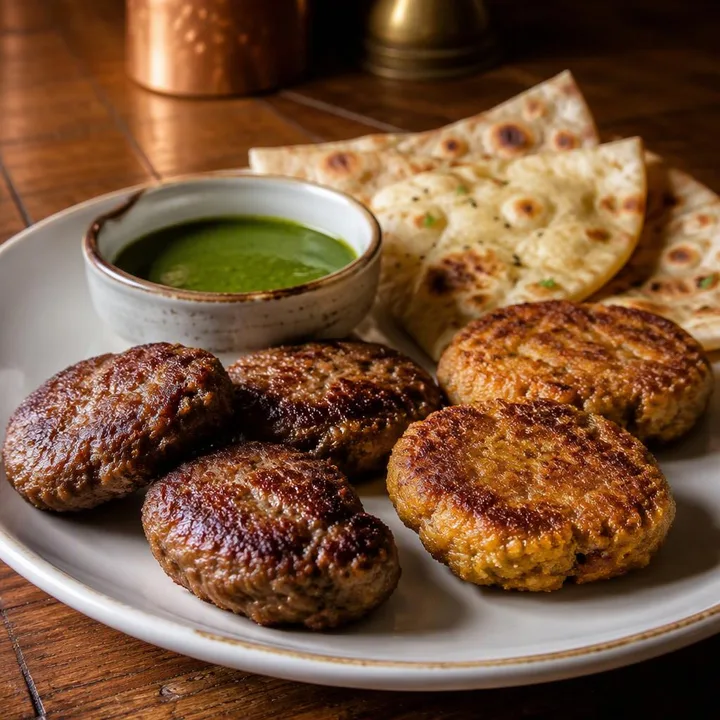Plate of galouti and shami kebabs with naan on brown table at Nouba Restaurant and Rooftop Lounge, C-Scheme Jaipur