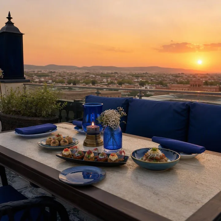 Rooftop table with Jaipur skyline at dusk and clean background at Nouba Restaurant and Rooftop Lounge, C-Scheme Jaipur