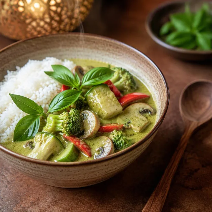 Bowl of mild Thai green curry with rice at Nouba Restaurant and Rooftop Lounge, C-Scheme Jaipur