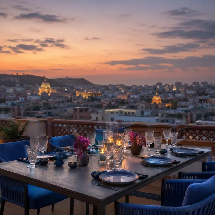 Rooftop table setup with skyline view at Nouba Restaurant and Rooftop Lounge, C-Scheme Jaipur