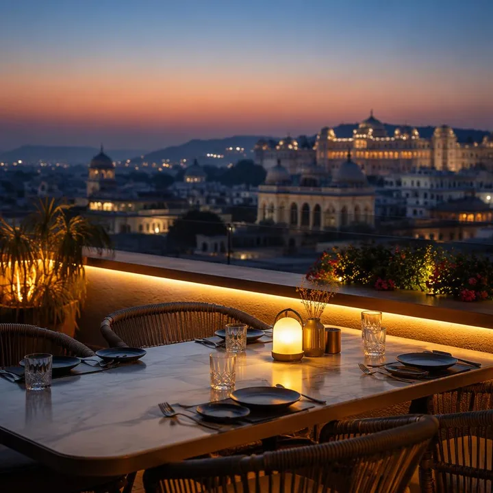Rooftop table setup with skyline view and dim lighting at Nouba Restaurant and Rooftop Lounge, C-Scheme Jaipur
