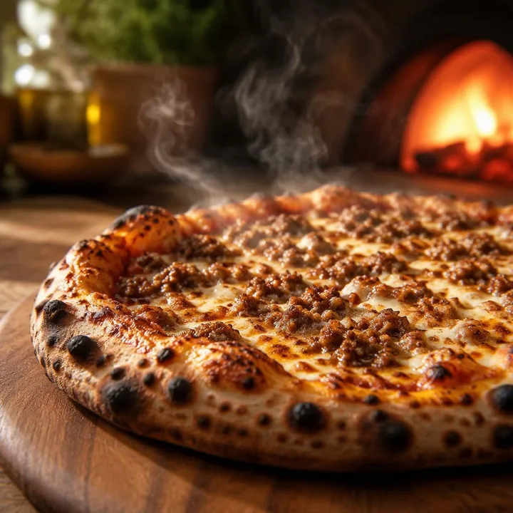 Minced meat pizza from wood-fired oven at Nouba Restaurant and Rooftop Lounge, C-Scheme Jaipur