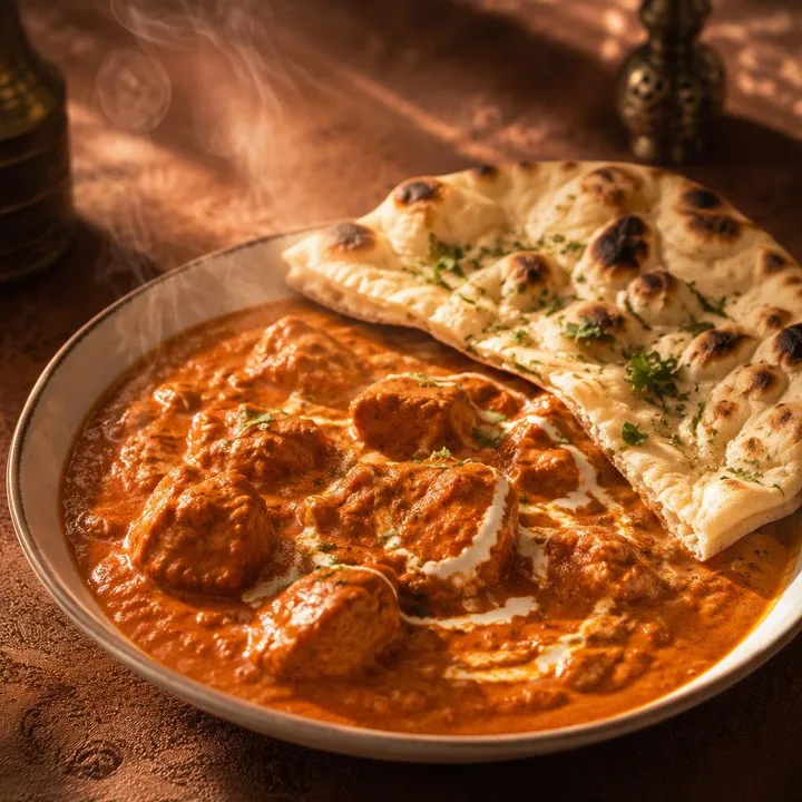 Plate of butter chicken with naan beside it at Nouba Restaurant and Rooftop Lounge, C-Scheme Jaipur