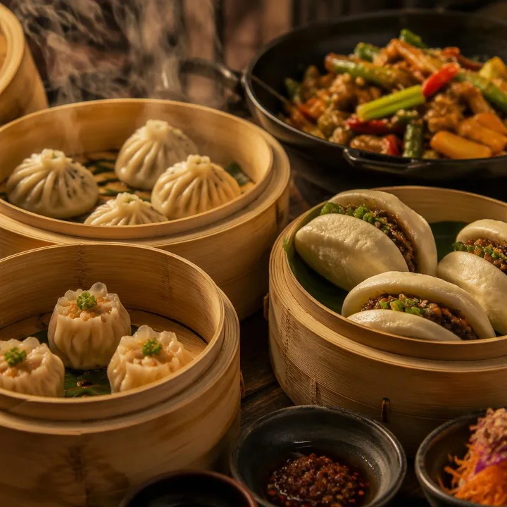 Pan-Asian dim sum and wok dishes on table at Nouba Restaurant and Rooftop Lounge, C-Scheme Jaipur