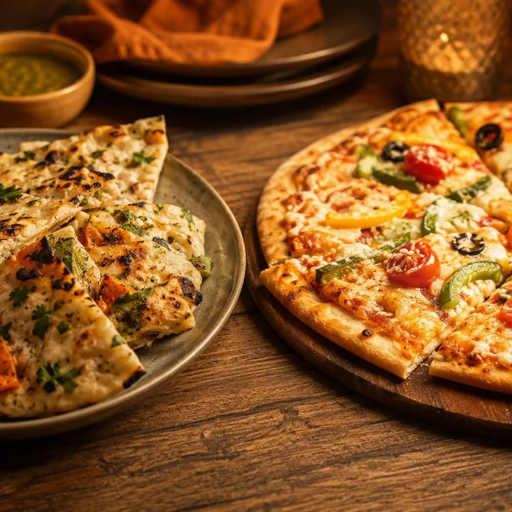 Table with shared tandoor plates and pizza for mixed veg non-veg group at Nouba Restaurant and Rooftop Lounge, C-Scheme Jaipur