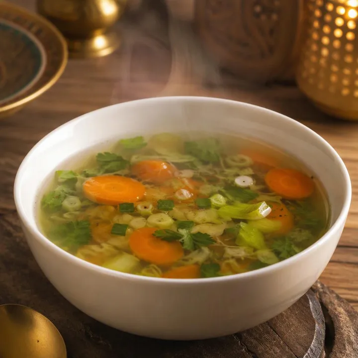 Bowl of clear soup with vegetables and herbs at Nouba Restaurant and Rooftop Lounge, C-Scheme Jaipur