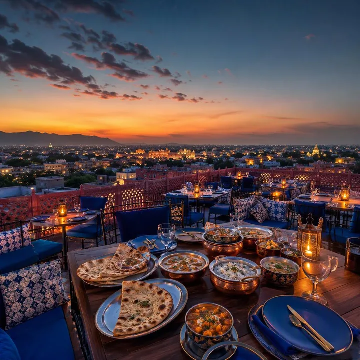 Rooftop tables with Jaipur skyline view at night at Nouba Restaurant and Rooftop Lounge, C-Scheme Jaipur