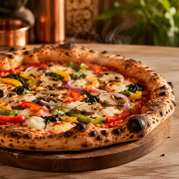 Wood-fired pizza slice with vegetarian toppings on blue rooftop table at Nouba Restaurant and Rooftop Lounge, C-Scheme Jaipur