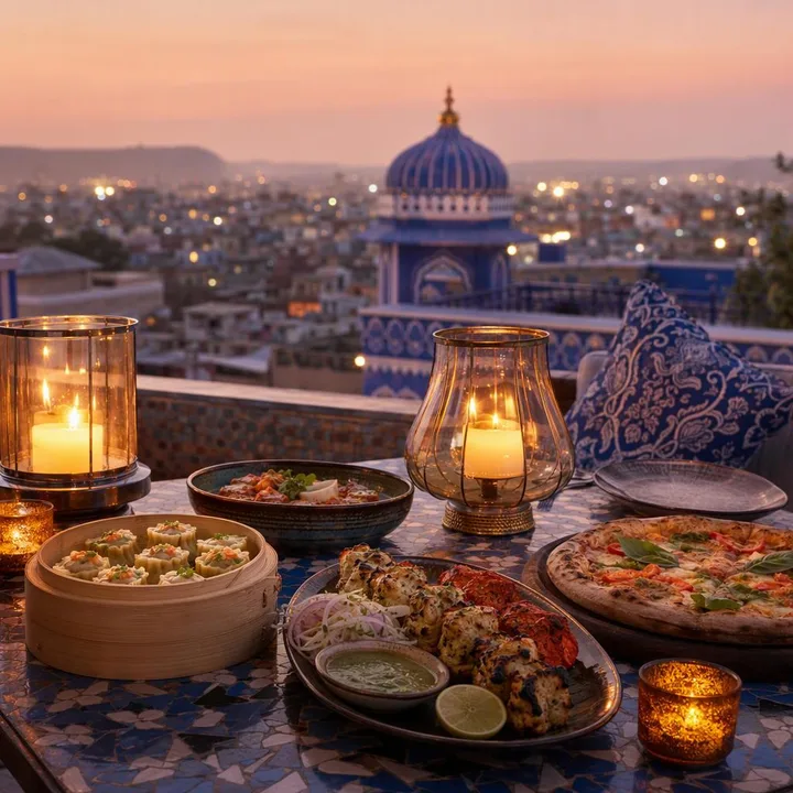Rooftop tables set for New Year dinner with skyline view at Nouba Restaurant and Rooftop Lounge, C-Scheme Jaipur