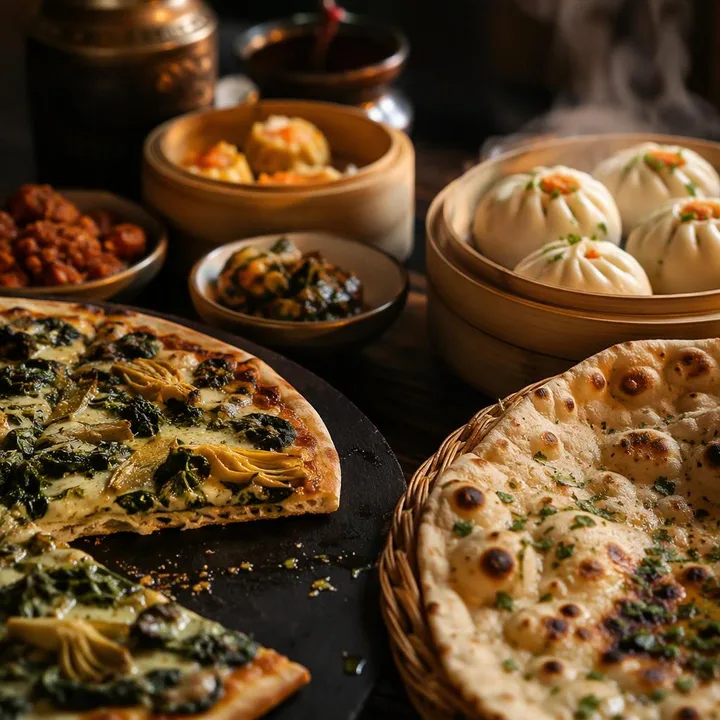 Spinach artichoke pizza slice on wooden board with tandoor naan and dim sum in background at Nouba Restaurant and Rooftop Lounge, C-Scheme Jaipur