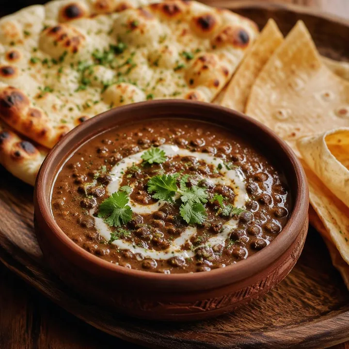 Steaming bowl of dal makhani with naan breads on a table at Nouba Restaurant and Rooftop Lounge, C-Scheme Jaipur